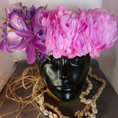 Couronne fleurs Tahiti mauve deux maxi tiare tipanie décor aile de papillon