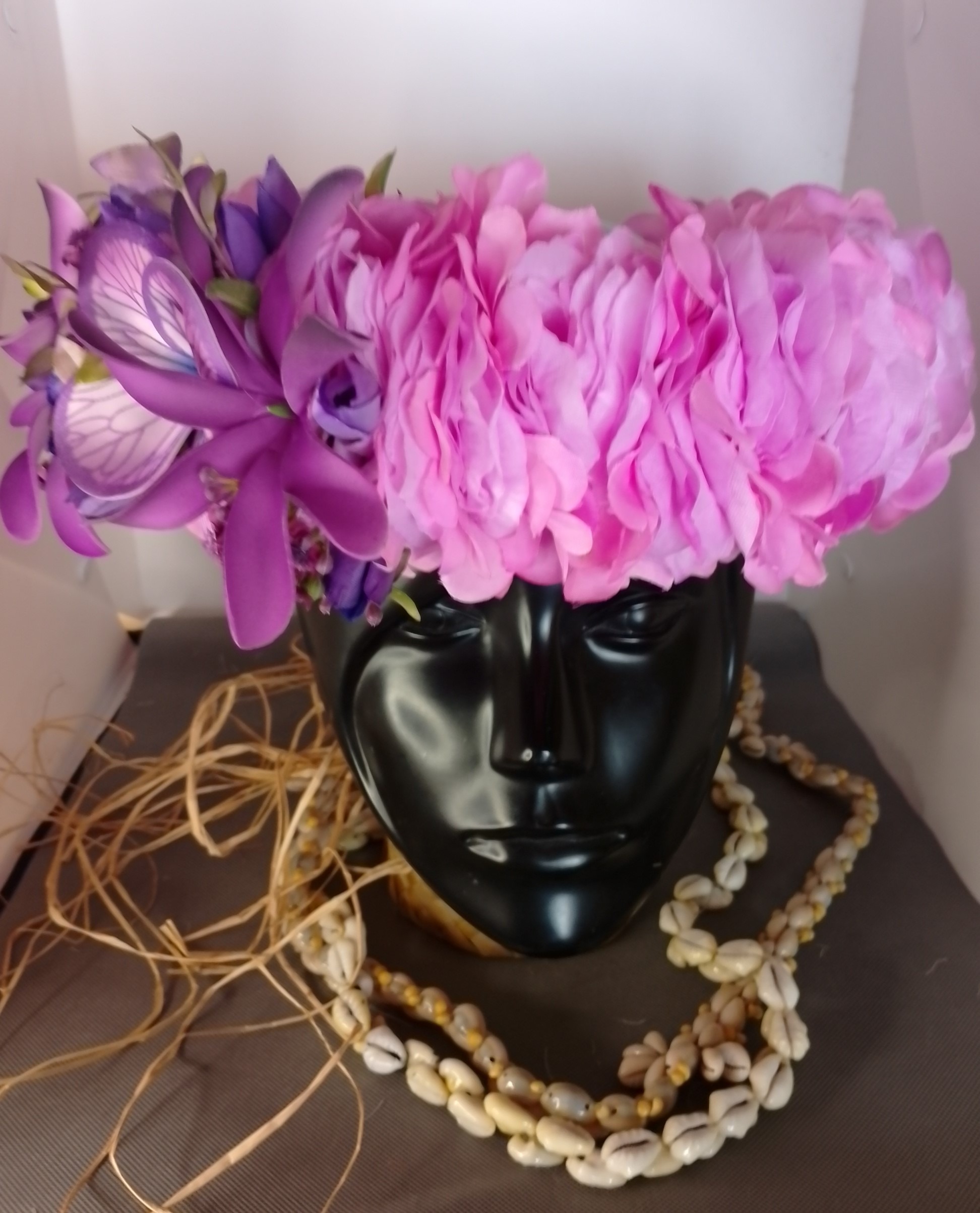 Couronne fleurs Tahiti mauve deux maxi tiare tipanie décor aile de papillon Vaite.e.Tiare création