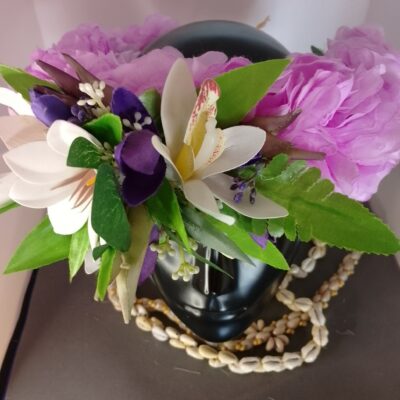 Couronne fleurs Tahiti mauve grande tiare deux grandes orchidées