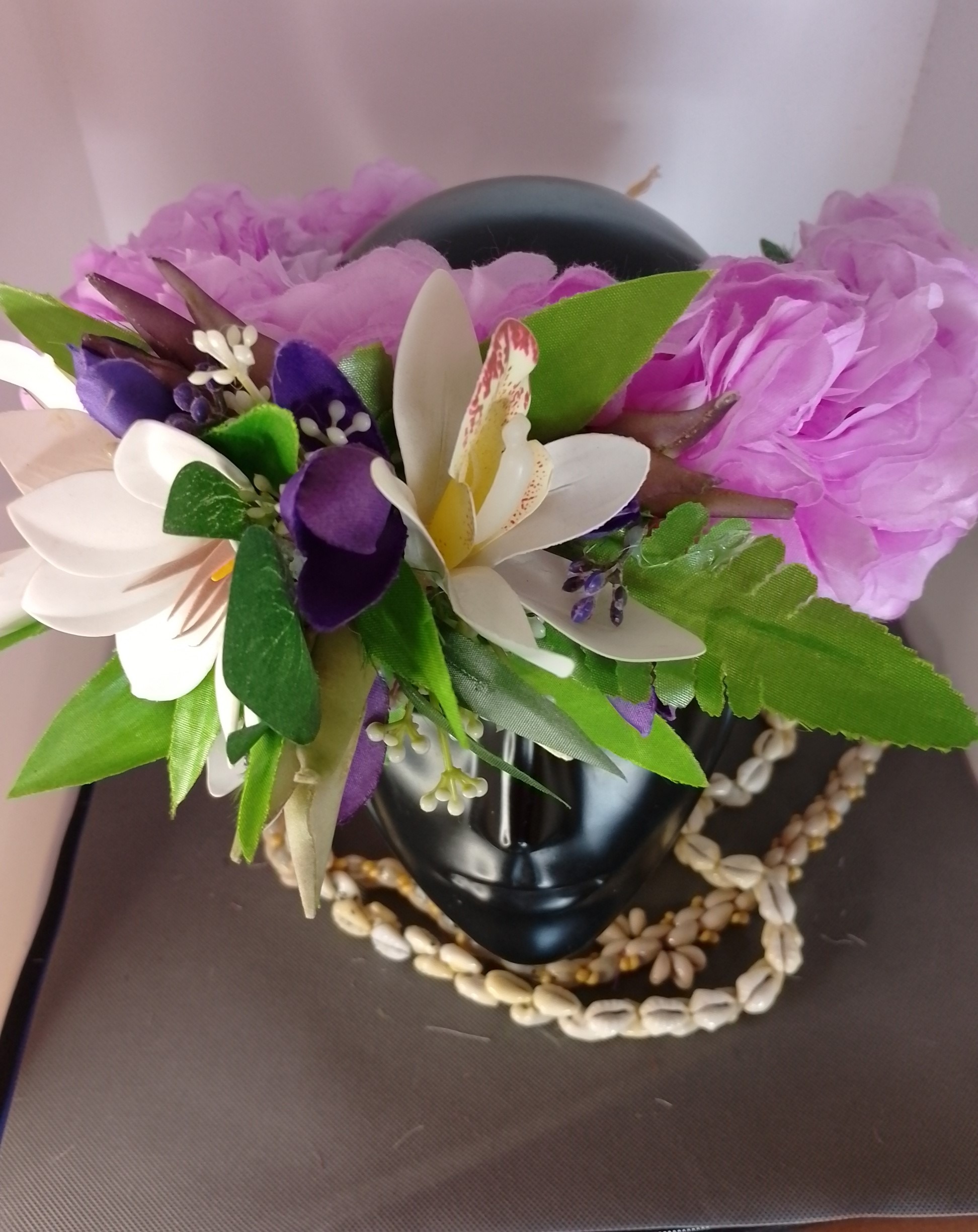 Couronne fleurs Tahiti mauve grande tiare deux grandes orchidées Vaite.e.Tiare créations