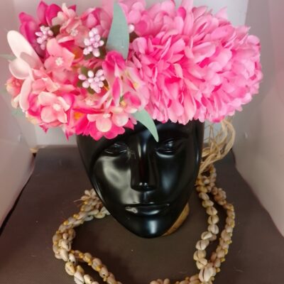 Couronne fleurs Tahiti rose bords fuchsia tipanie blanc cœur rose pâle