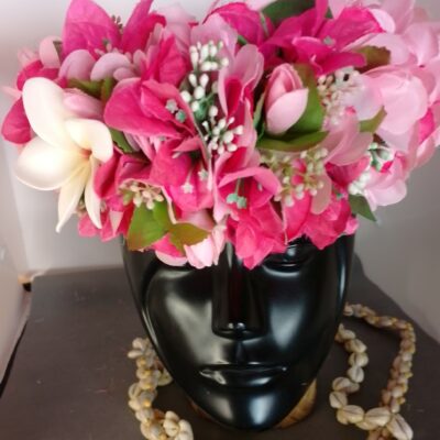 Couronne fleurs Tahiti rose et fuchsia bougainvillier fuchsia tipanie blanc cœur rose 
