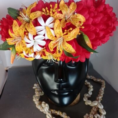Couronne fleurs Tahiti rouge lys moyens tigrés oranges trois mini tiare 