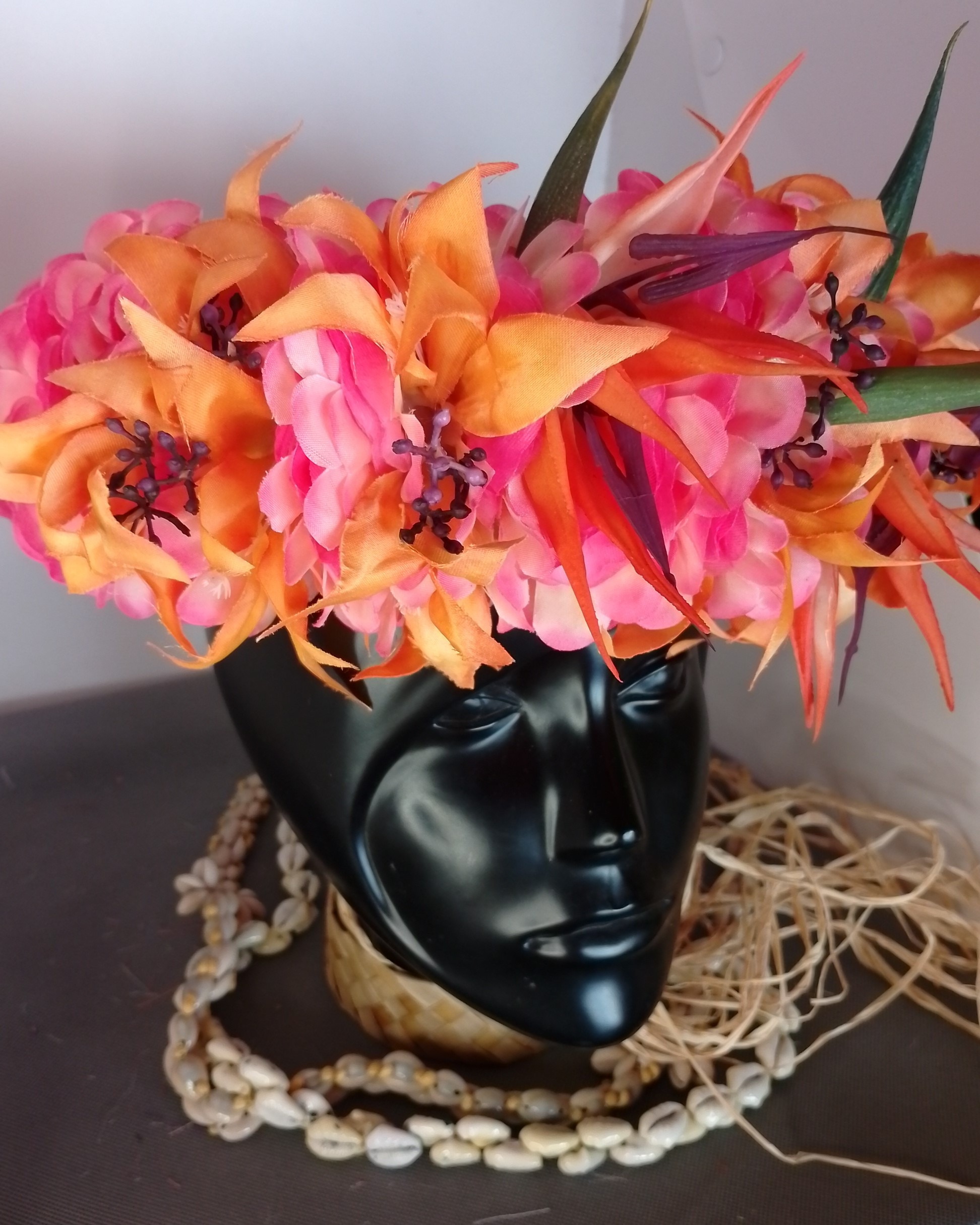 Couronne fleurs Tahiti champagne rosé grands lys oranges oiseau du paradis Vaite.e.Tiare créations