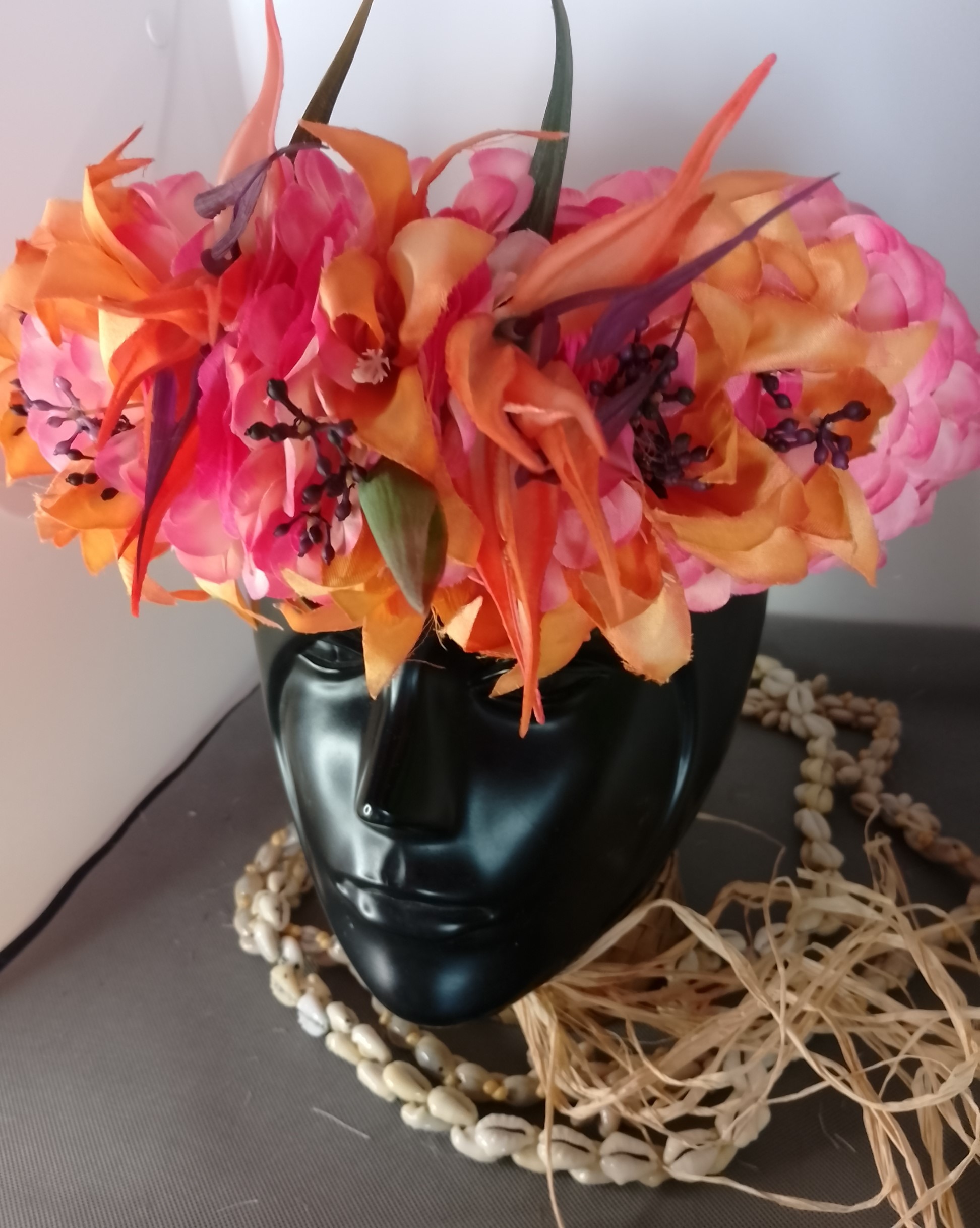 Couronne fleurs Tahiti champagne rosé grands lys oranges oiseau du paradis Vaite.e.Tiare créations