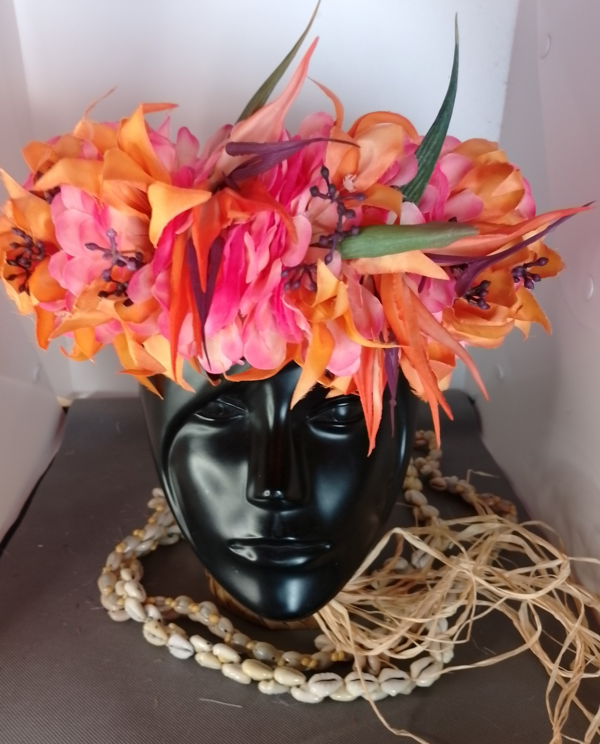 Couronne fleurs Tahiti champagne rosé grands lys oranges oiseau du paradis Vaite.e.Tiare créations