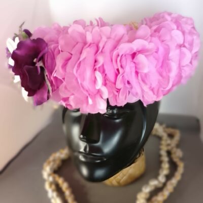 Couronne tiare Tahiti mauve grande tiare feuillage nuances mauves
