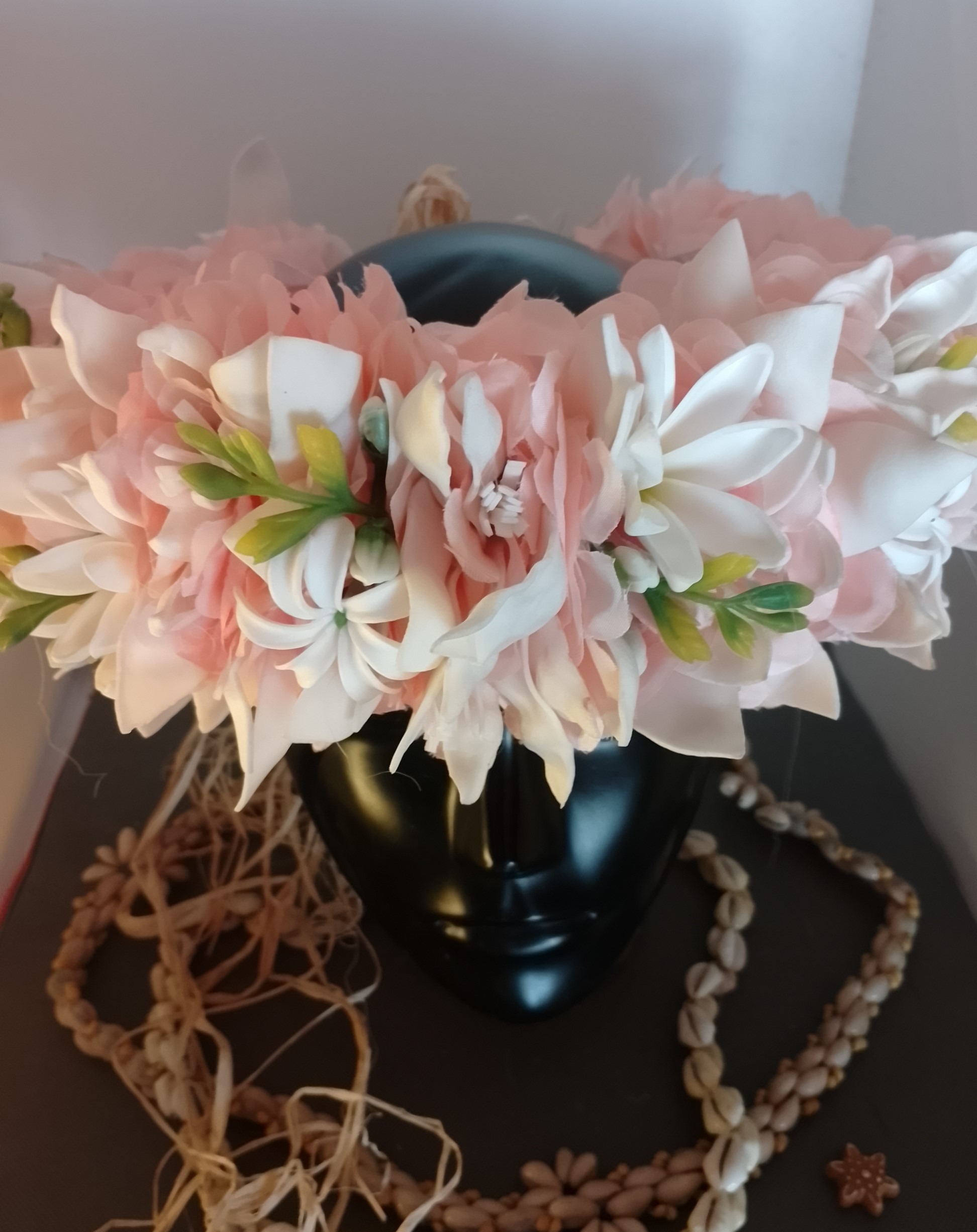 Couronne tiare Tahiti pêche pétales tiare apetahi  deux mini tiare tiare entre ouverte Vaite.e.Tiare créations