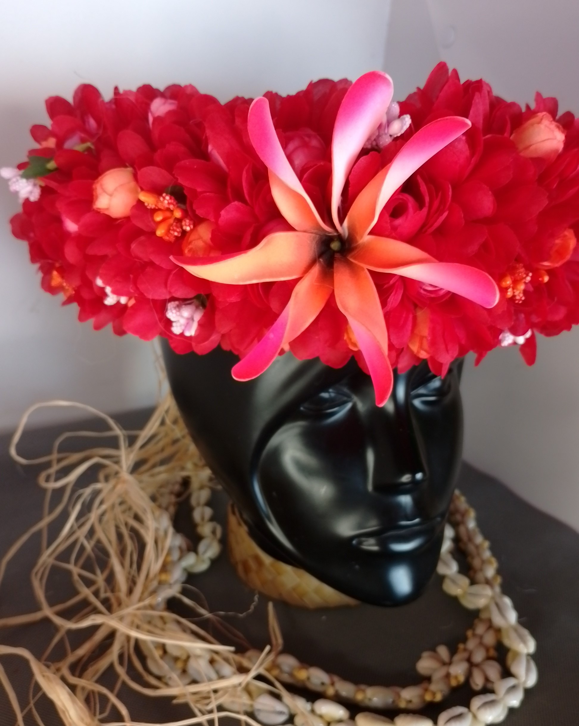 Couronne tiare Tahiti rouge maxi tiare boutons rouges et oranges Vaite.e.Tiare créations