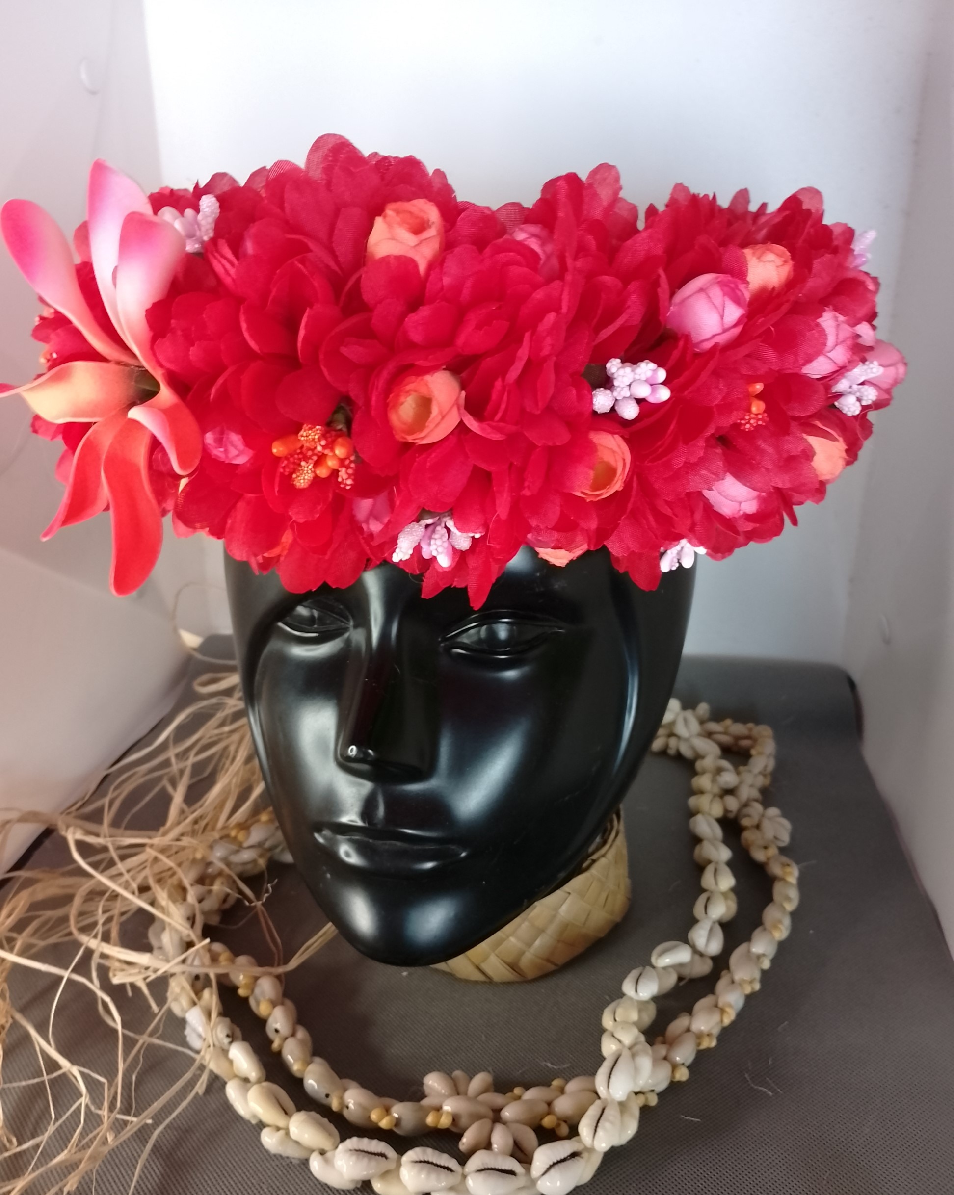 Couronne tiare Tahiti rouge maxi tiare boutons rouges et oranges Vaite.e.Tiare créations