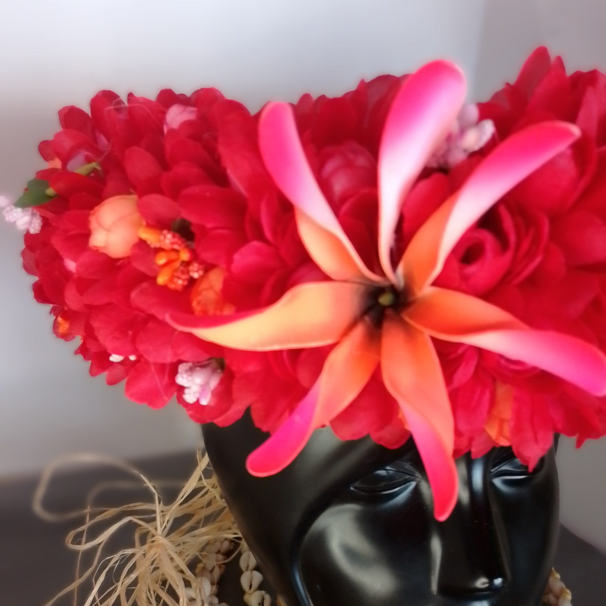 Couronne tiare Tahiti rouge maxi tiare boutons rouges et oranges Vaite.e.Tiare créations