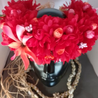 Couronne tiare Tahiti rouge maxi tiare boutons rouges et oranges