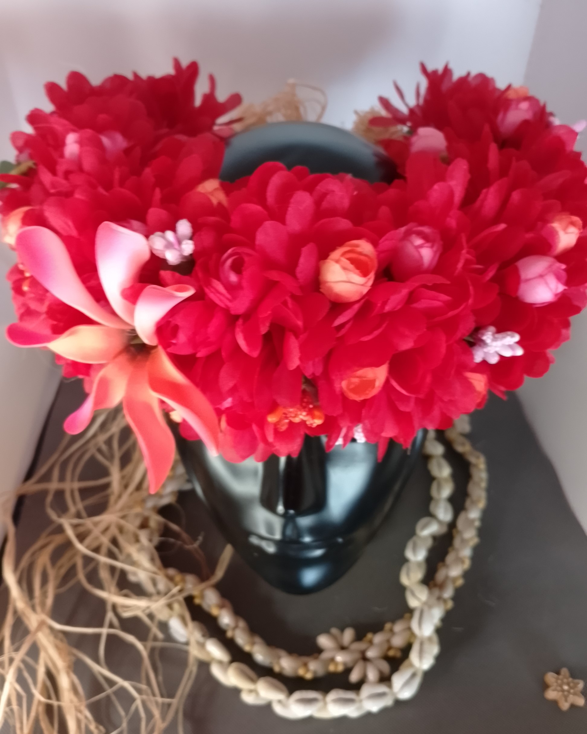 Couronne tiare Tahiti rouge maxi tiare boutons rouges et oranges Vaite.e.Tiare créations
