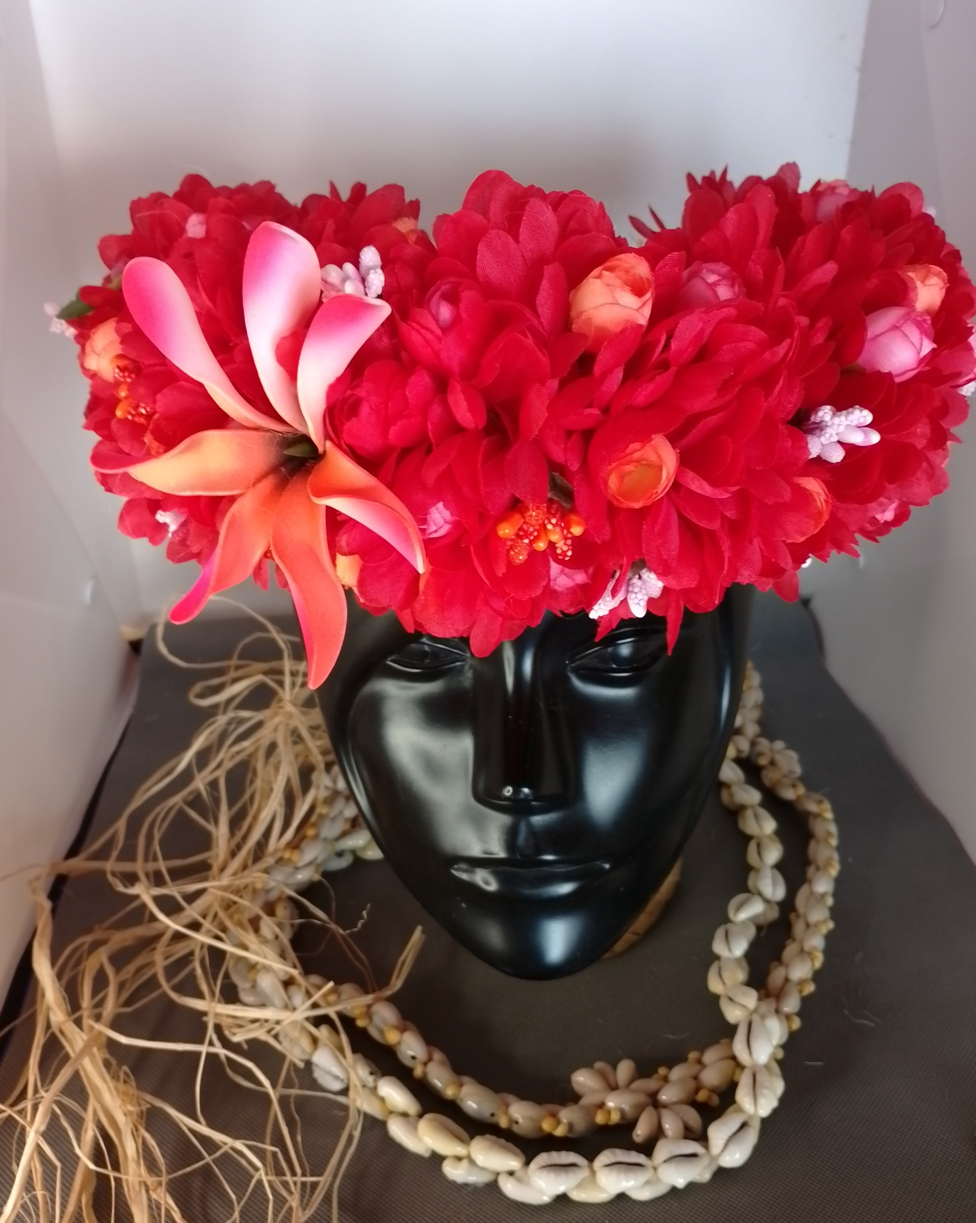 Couronne tiare Tahiti rouge maxi tiare boutons rouges et oranges Vaite.e.Tiare créations