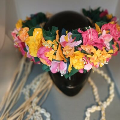 Couronne toutes fleurs effet végétal floraison rose et orange