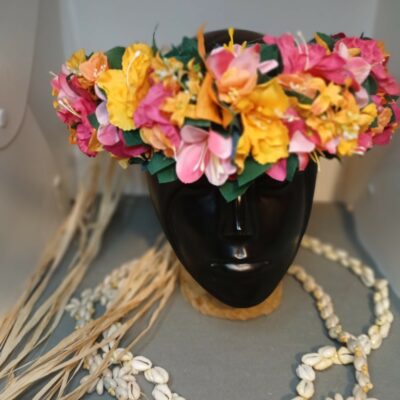 Couronne toutes fleurs effet végétal floraison rose et orange