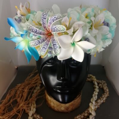 Couronne fleur Tahiti vanille et bleu lagon maxi tiare tipanie tiare tatouée