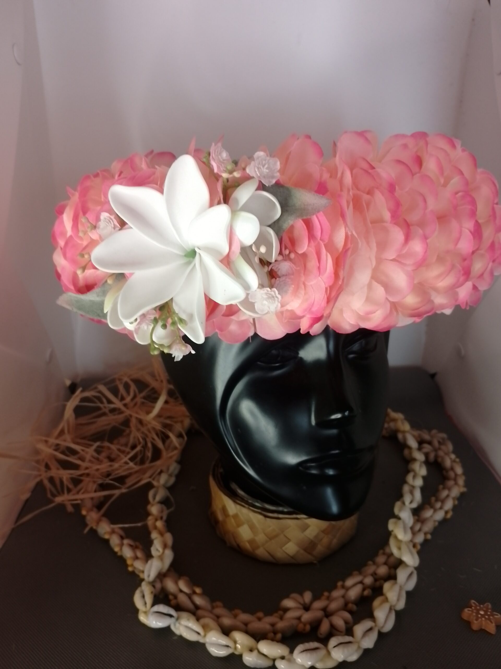 Couronne tiare Tahiti champagne rosé grande tiare deux boutons tiare Vaite.e.Tiare créations