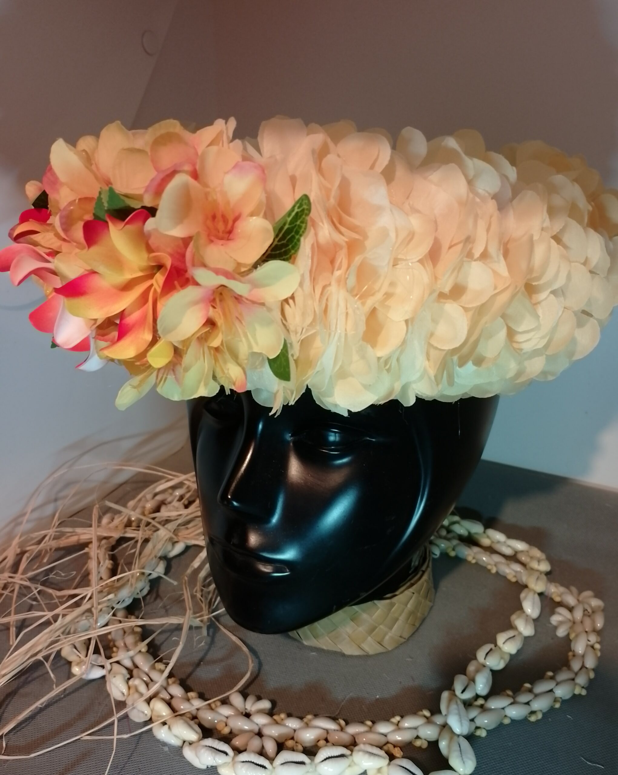 Couronne tiare Tahiti champagne trois tiare entre ouvertes orangées boutons assortis Vaite.e.Tiare créations