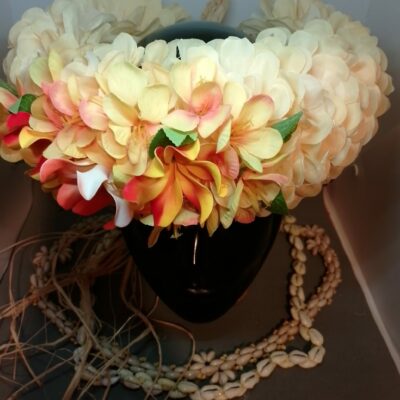 Couronne tiare Tahiti champagne trois tiare entre ouvertes orangées