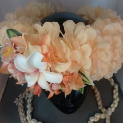 Couronne fleurs Tahiti champagne grand tipanie cœur litchi bougainvillier orange