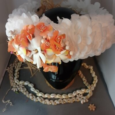 Couronne fleurs Tahiti blanche deux tipanie bord jaunes orange élégante tiare