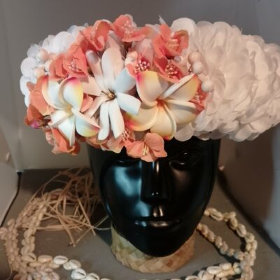 Couronne fleurs Tahiti blanche deux tipanie bord jaunes orange élégante tiare