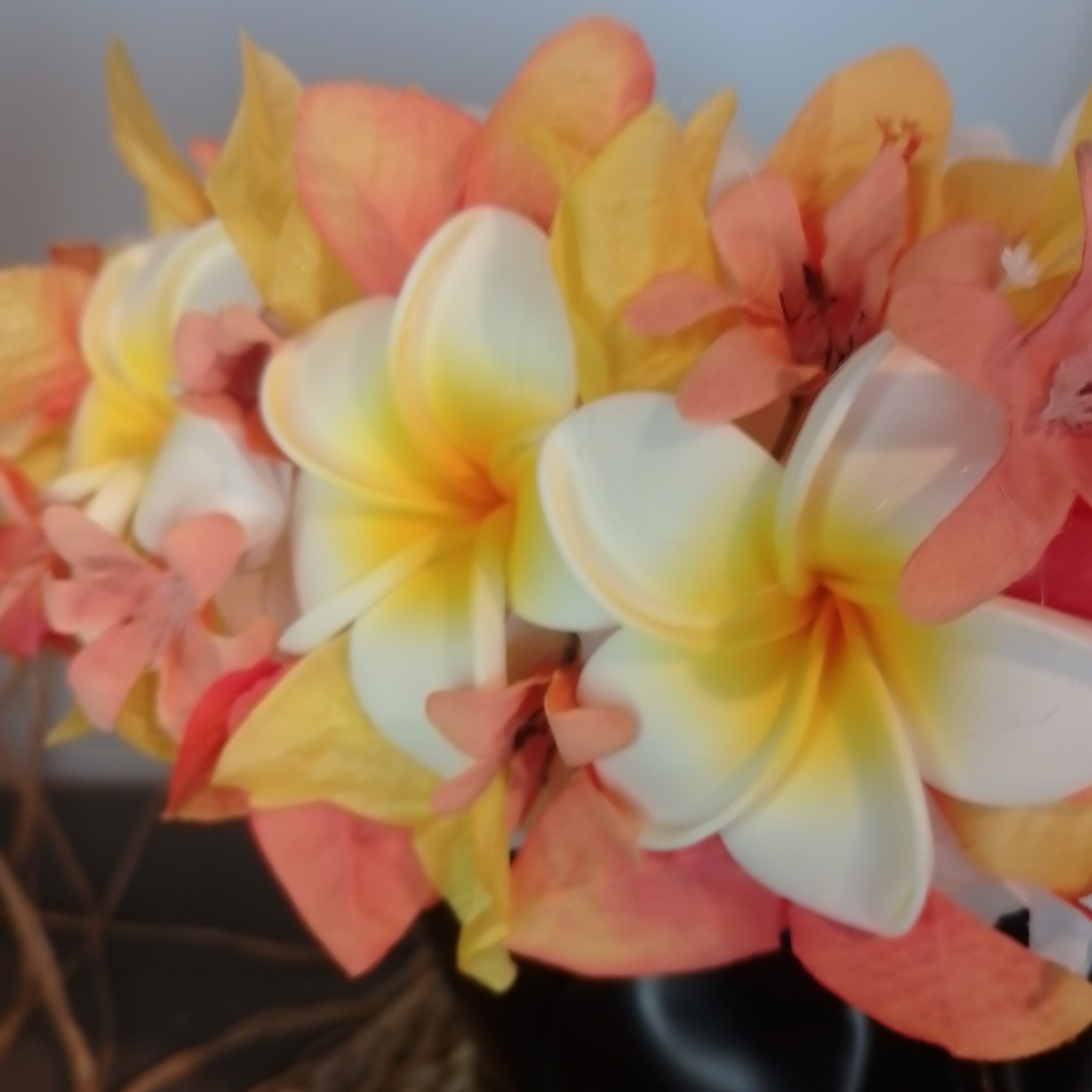 Couronne fleurs Tahiti blanche trois tipanie blancs cœur jaune bougainvillier orange Vaite.e.Tiare créations