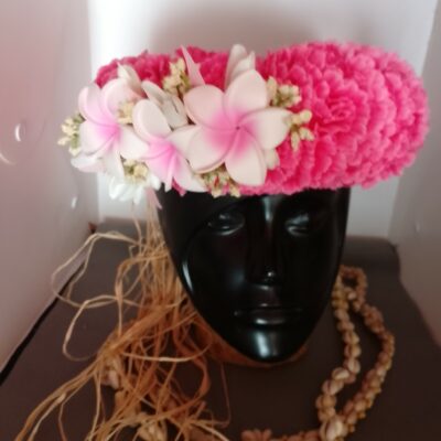 Couronne fleurs Tahiti fuchsia trois tipanie blancs cœur rose