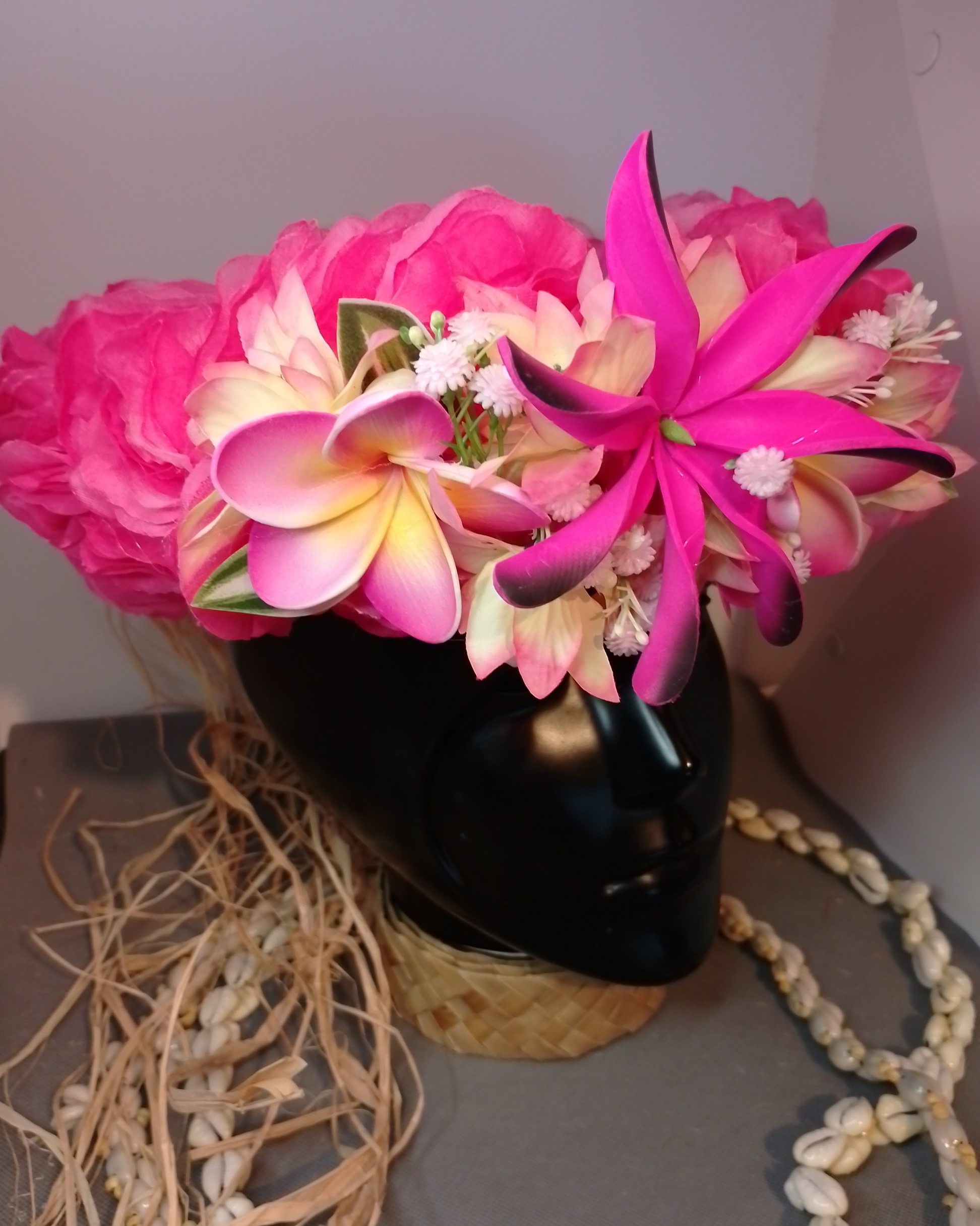 Couronne fleurs Tahiti rose pâle et fuchsia maxi tiare deux tipanie Vaite.e.Tiare créations