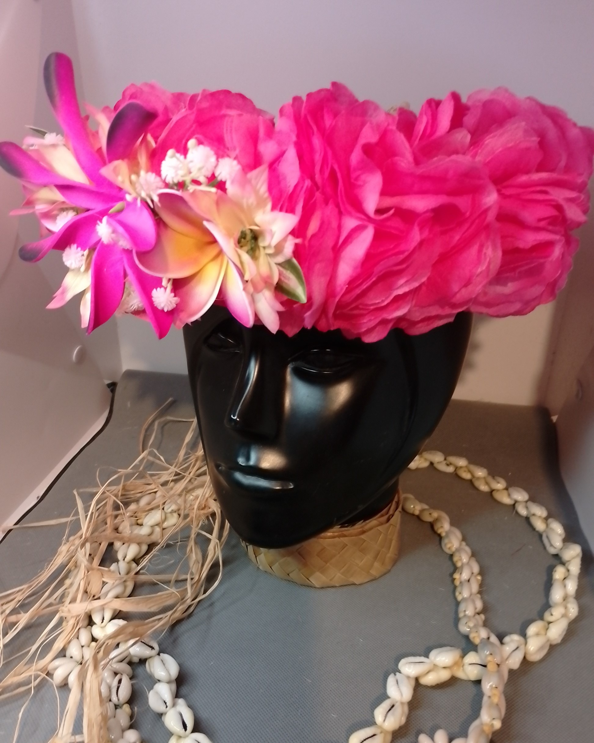 Couronne fleurs Tahiti rose pâle et fuchsia maxi tiare deux tipanie Vaite.e.Tiare créations
