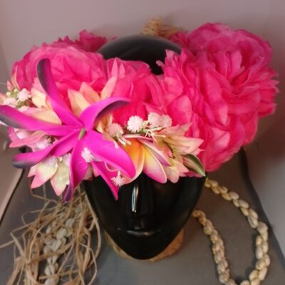 Couronne fleurs Tahiti rose pâle et fuchsia maxi tiare deux tipanie