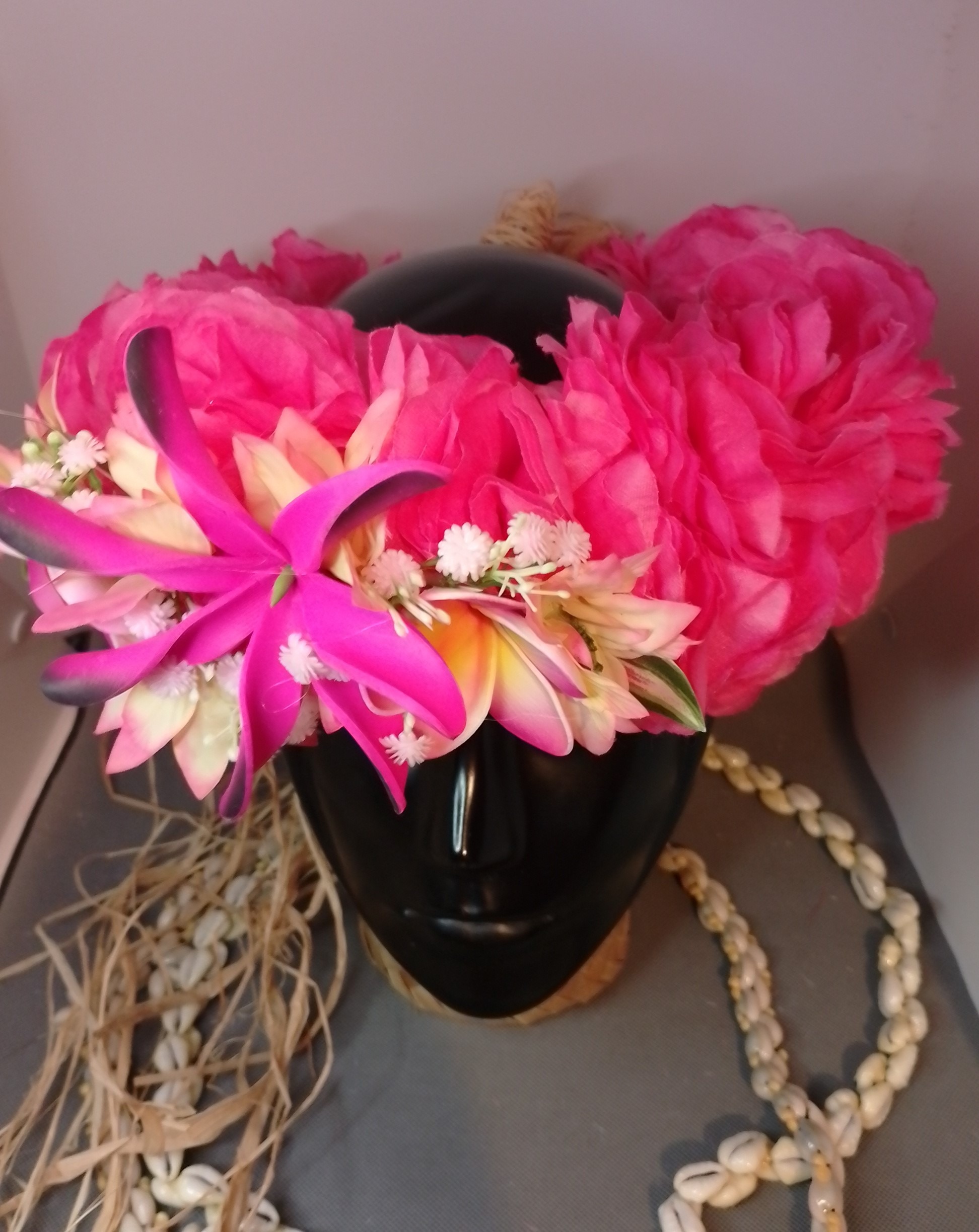 Couronne fleurs Tahiti rose pâle et fuchsia maxi tiare deux tipanie Vaite.e.Tiare créations