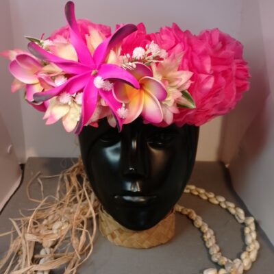 Couronne fleurs Tahiti rose pâle et fuchsia maxi tiare deux tipanie