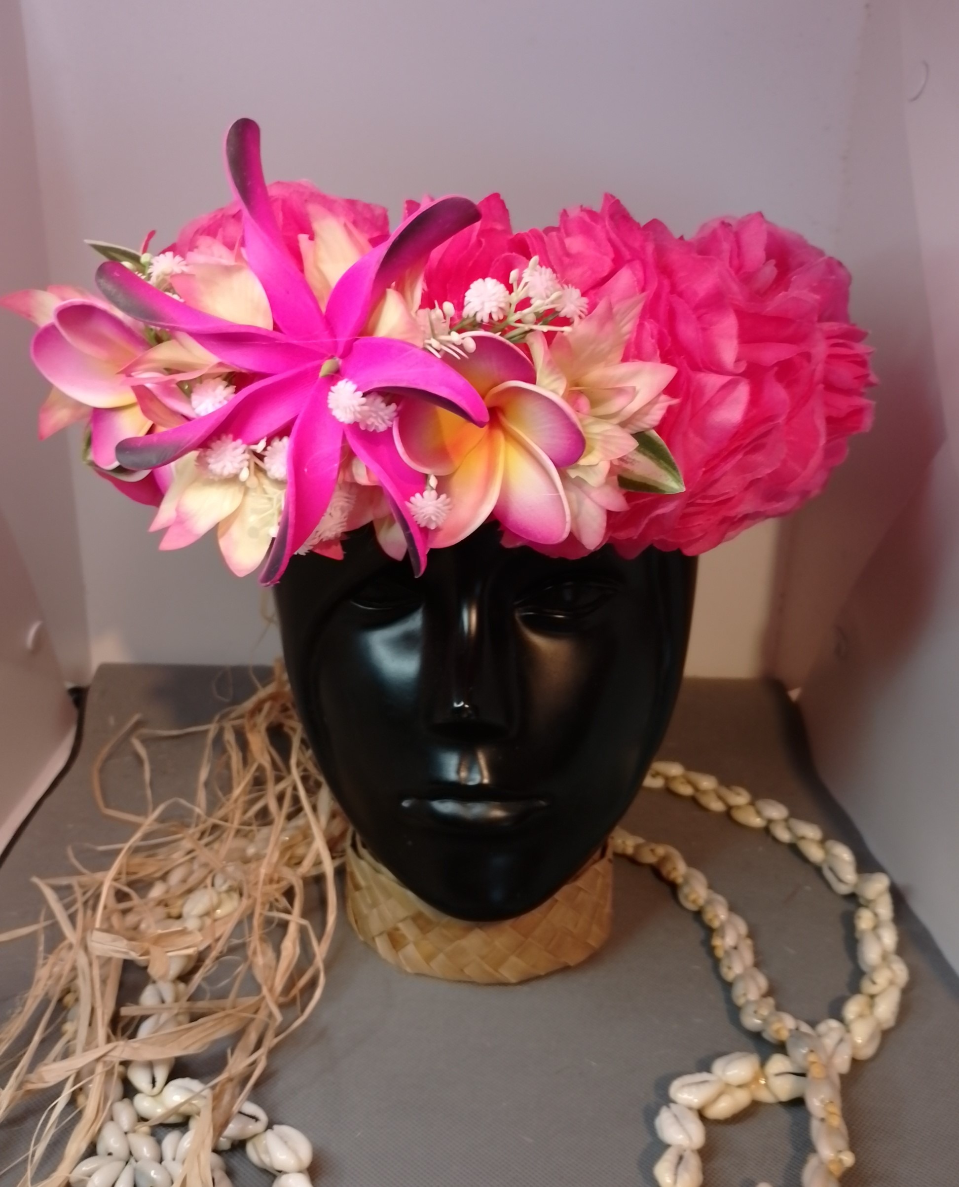 Couronne fleurs Tahiti rose pâle et fuchsia maxi tiare deux tipanie Vaite.e.Tiare créations