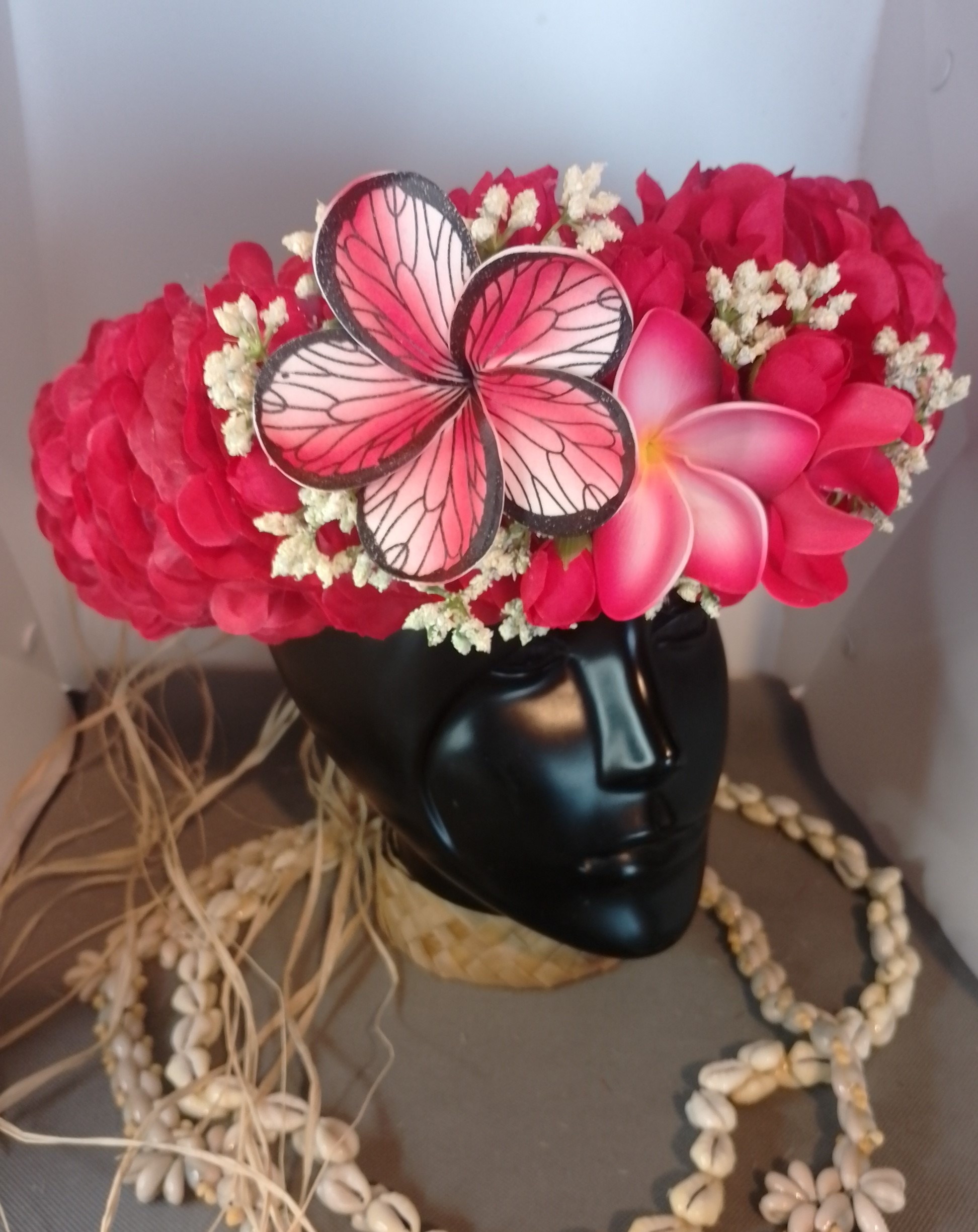 Couronne fleurs Tahiti rouge maxi tipanie tiare entre ouverte tipanie Vaite.e.Tiare créations