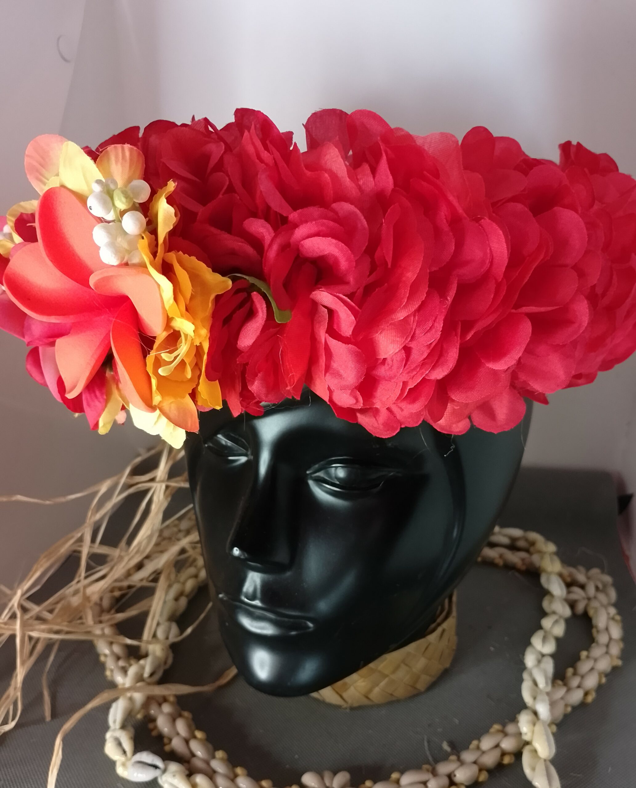 Couronne fleurs Tahiti rouge trois tipanie rouge et orange Vaite.e.Tiare créations