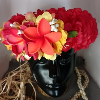 Couronne fleurs Tahiti rouge trois tipanie rouge et orange