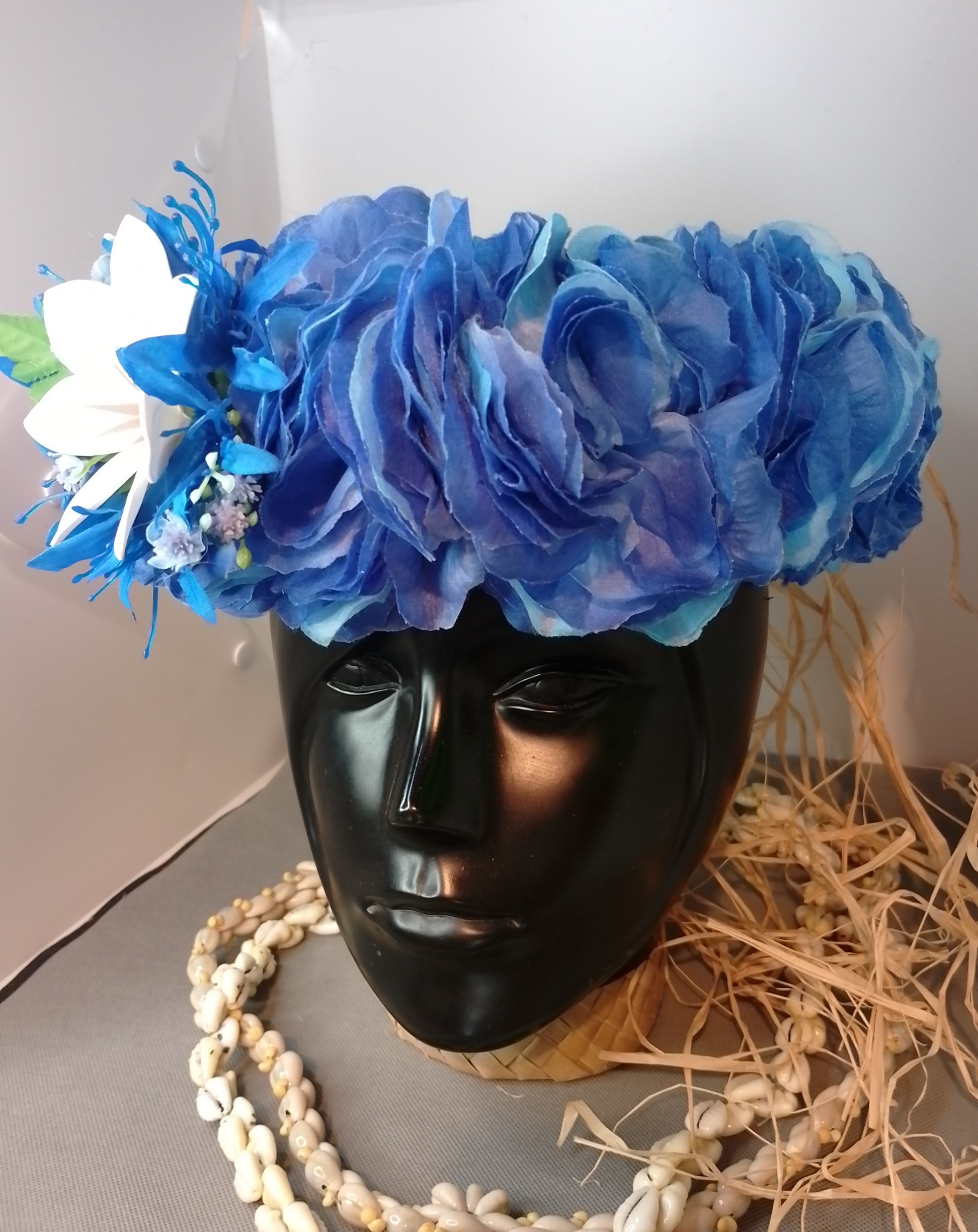 Couronne tiare Tahiti camaïeu de bleus corolle de mini lys grande tiare Vaite.e.Tiare créations