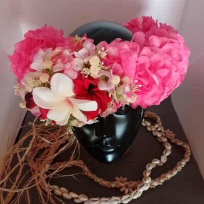 Couronne fleur Tahiti corail et fuchsia grand tipanie vanille deux tiare entre ouverte