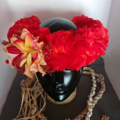 Couronne fleur Tahiti orange bords rouges tipanie jaune bords rouges bougainvilliers oranges