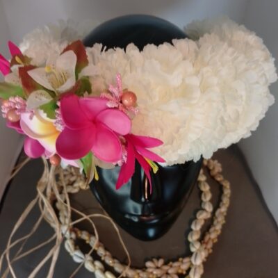 Couronne fleurs Tahiti blanc milky mini tipanie rose fuchsia tipanie bord roses lys élancés