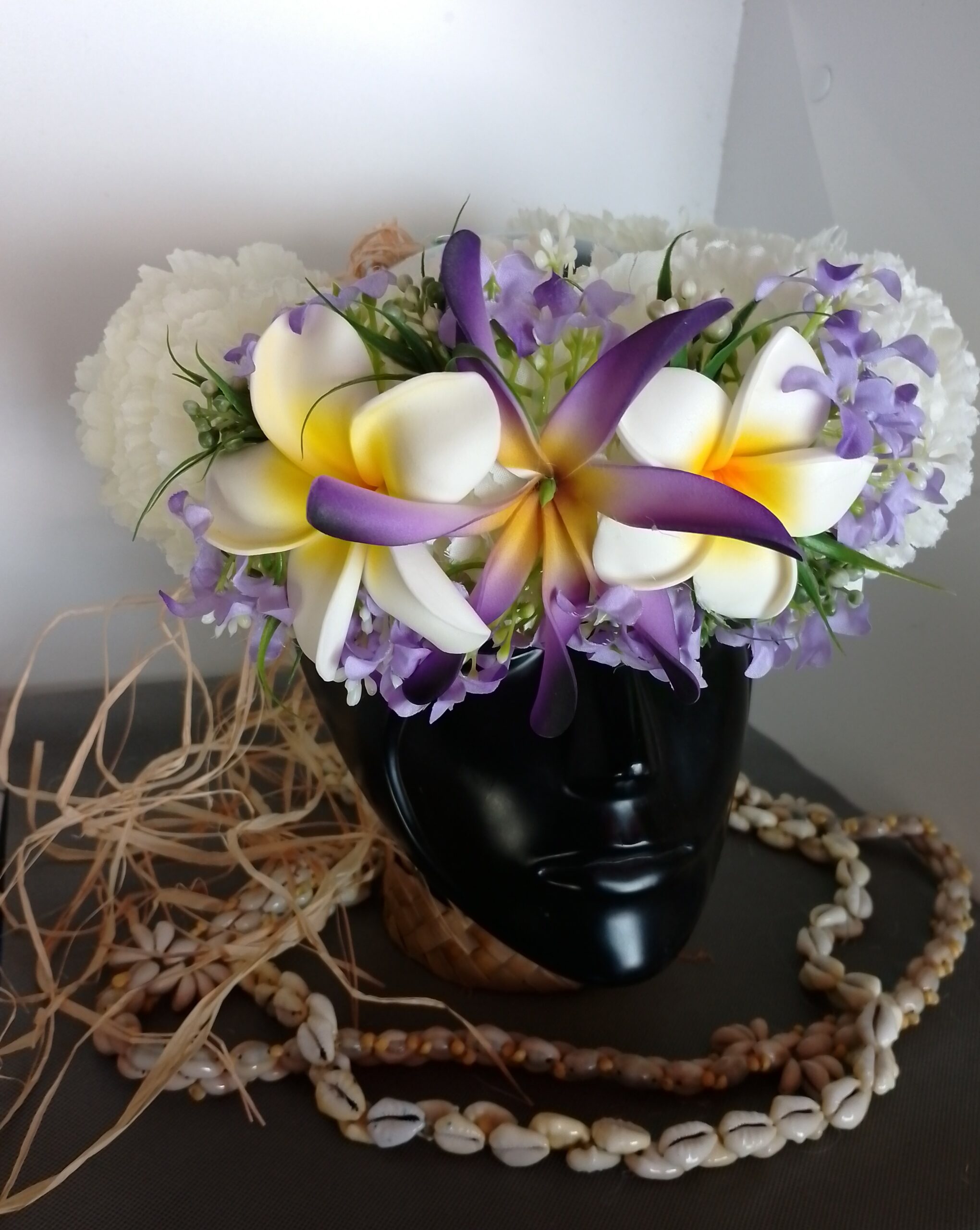 Couronne fleurs Tahiti blanche maxi tiare deux tipanie blanc cœur jaune Vaite.e.Tiare créations