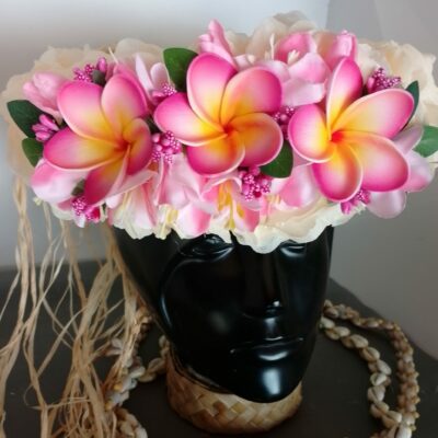 Couronne fleurs Tahiti champagne trois tipanie cœur orange bords fuchsias