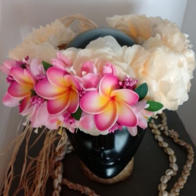 Couronne fleurs Tahiti champagne trois tipanie cœur orange bords fuchsias