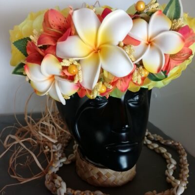 Couronne fleurs Tahiti jaune grand tipanie deux tipanie moyens blancs et jaunes 
