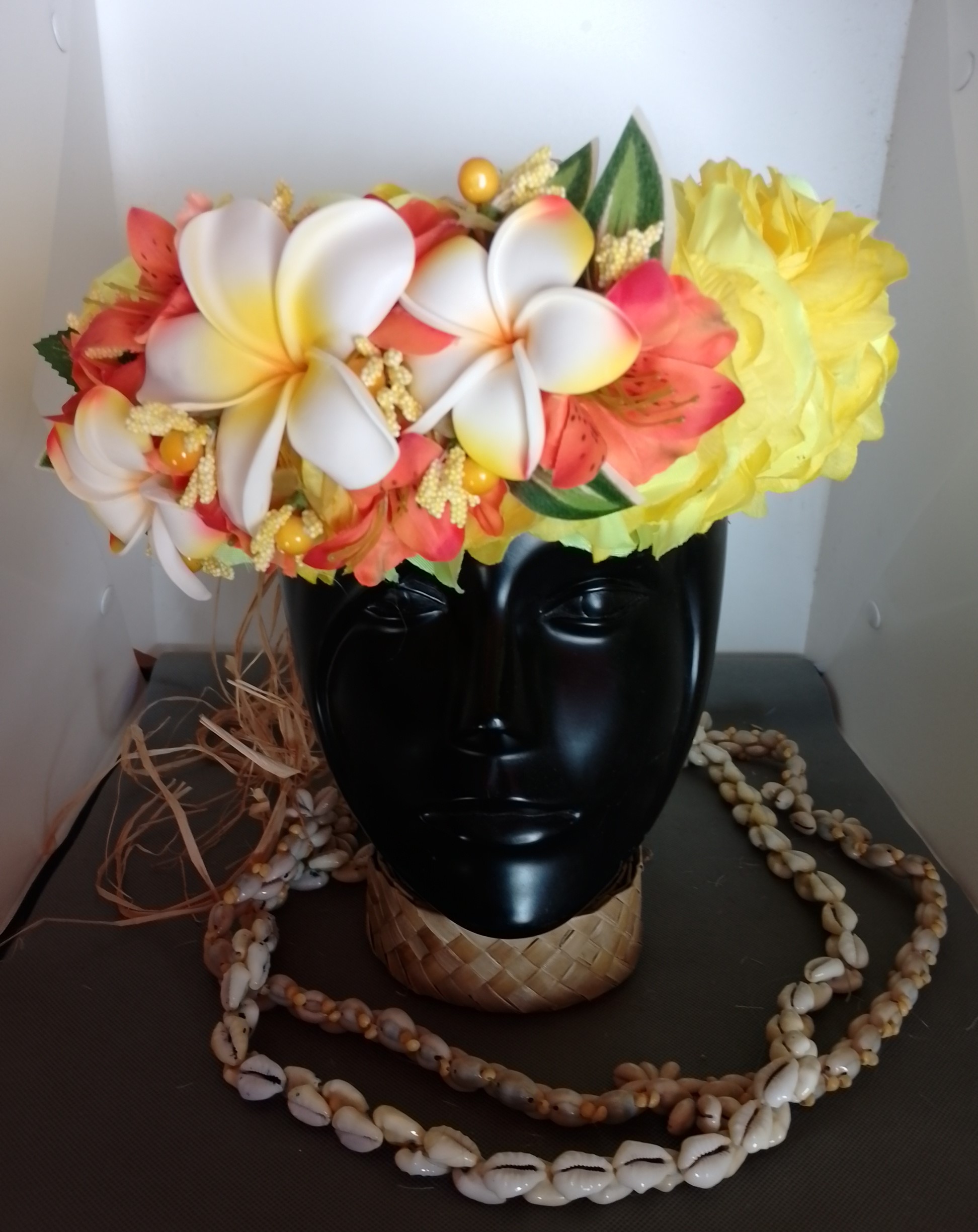 Couronne fleurs Tahiti jaune grand tipanie deux tipanie moyens blancs et jaunes – Image 5