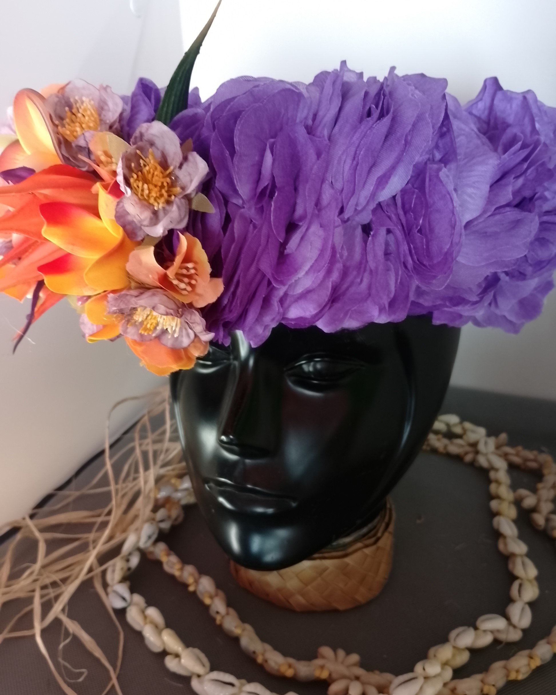 Couronne fleurs Tahiti violette tiare entre ouverte oiseau du paradis tipanie Vaite.e.Tiare créations