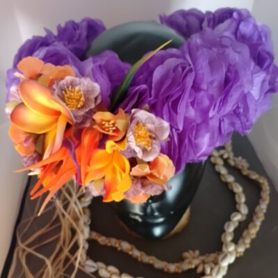 Couronne fleurs Tahiti violette tiare entre ouverte oiseau du paradis tipanie