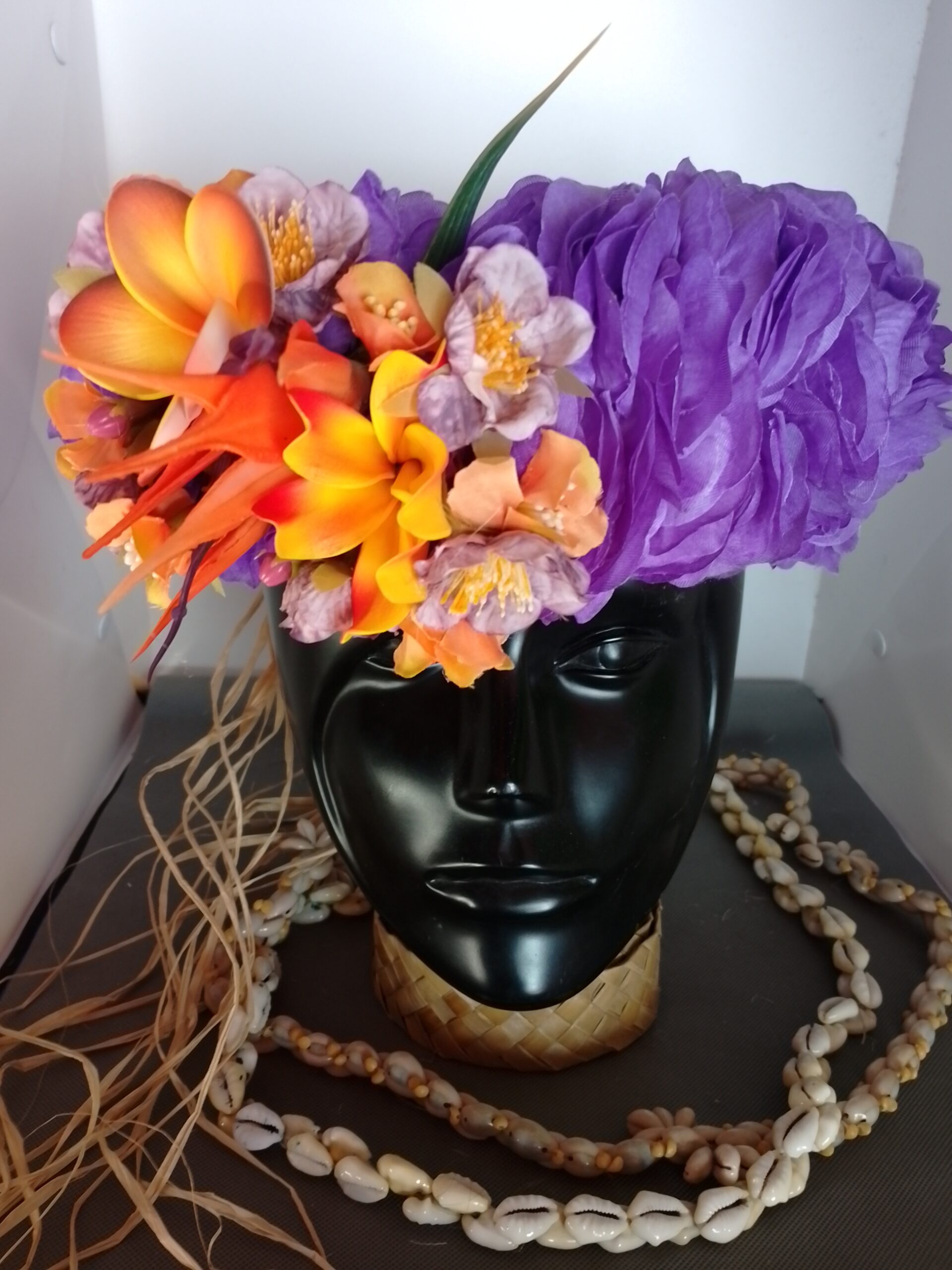 Couronne fleurs Tahiti violette tiare entre ouverte oiseau du paradis tipanie Vaite.e.Tiare créations